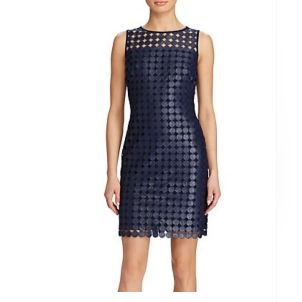 RALPH LAUREN, Blue Dress Sheath Melia Dotted Metallic Overlay Body Con, Sz16